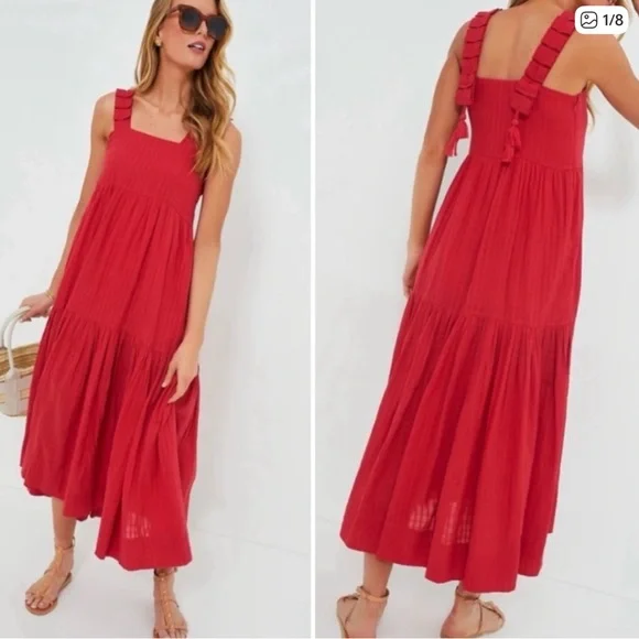 Mirth Grenadine Rio Maxi Dress Red Tiered Strapless Cotton Size Small - Picture 1 of 9